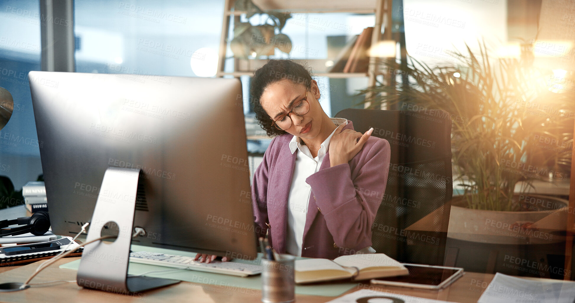 Buy stock photo Woman, neck pain and computer with injury for bad posture, overworked or stress at office desk. Female person, employee or ache with sore shoulders or inflammation for muscle tension at workplace