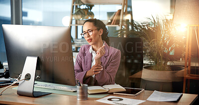 Buy stock photo Woman, wrist injury and computer in office for business, carpal tunnel and stress for discomfort. Accountant, tech and joint pain in agency with overworked tendon, burnout and massage for relief