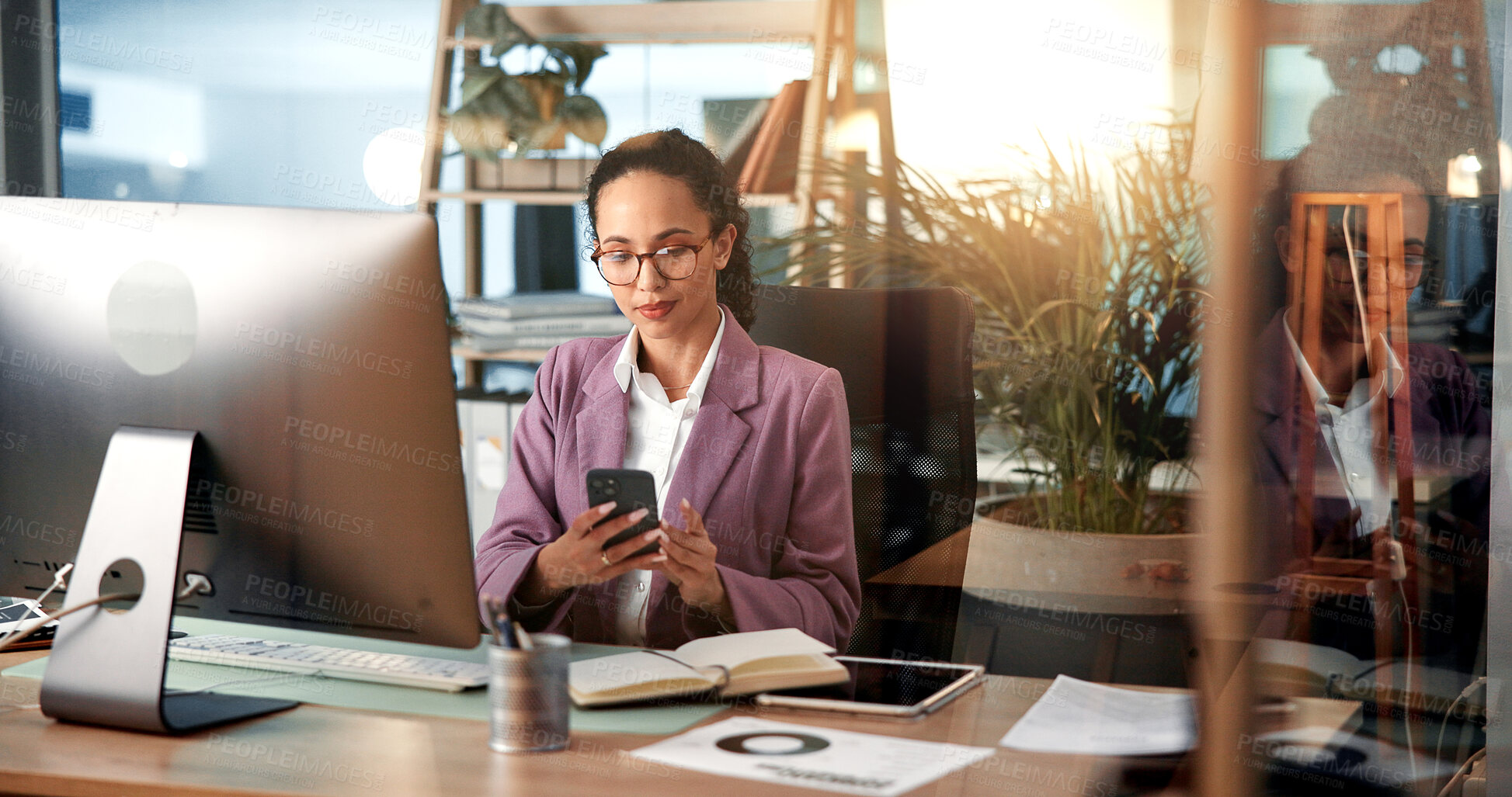 Buy stock photo Computer, phone and planning with business woman at desk for investment or portfolio management. App, communication and finance with stock market broker in workplace for strategy development