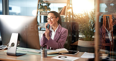 Buy stock photo Phone call, talking and business woman on computer for virtual meeting, online discussion and communication. Professional, corporate and person on smartphone for conversation, chat and networking
