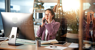 Buy stock photo Phone call, reading and business woman on computer for contact, online discussion and communication. Professional, office and person on smartphone for conversation, talking and B2B networking