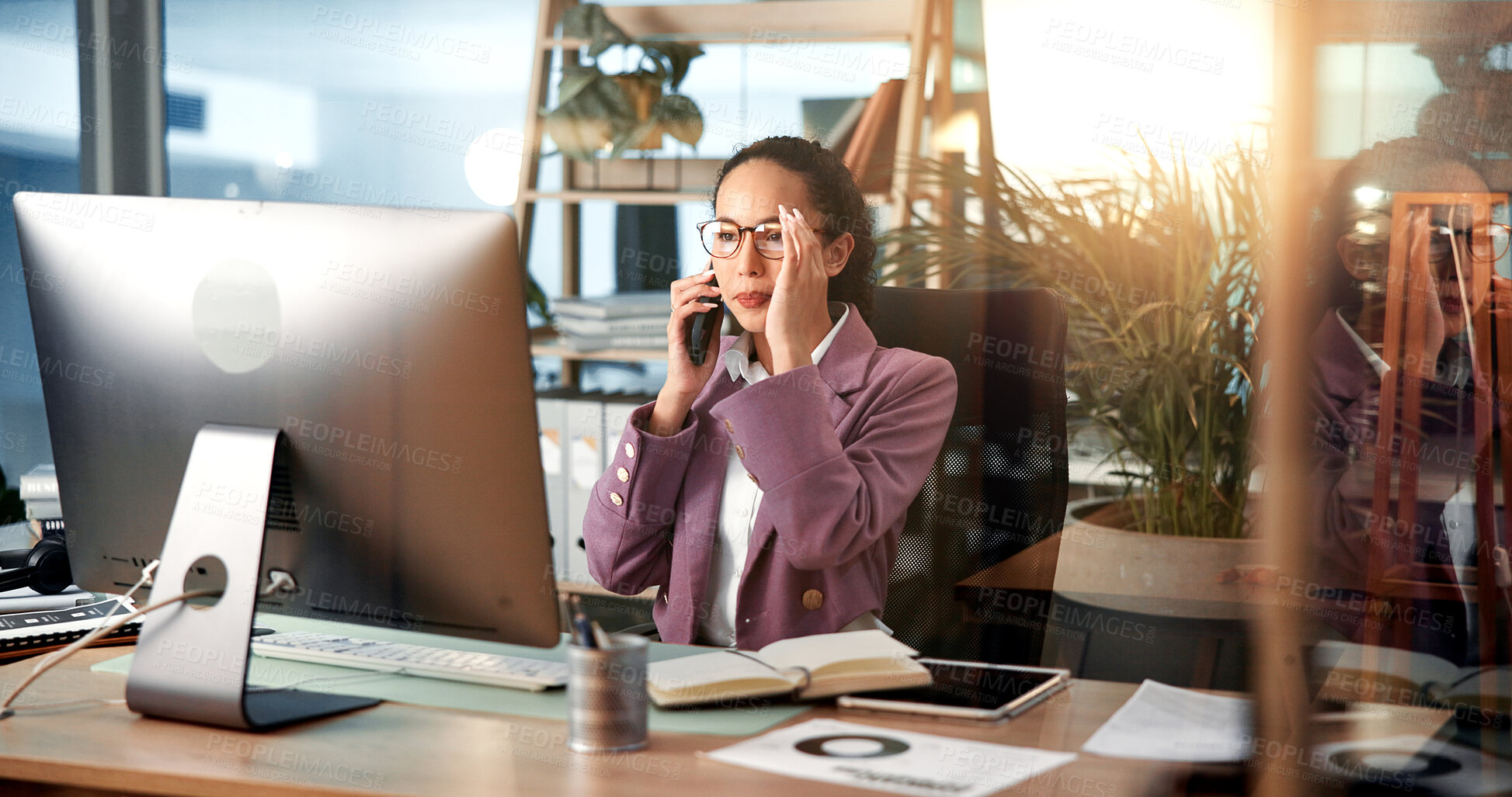 Buy stock photo Phone call, reading and business woman on computer for contact, online discussion and communication. Professional, office and person on smartphone for conversation, talking and B2B networking