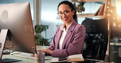 Buy stock photo Computer, portrait and smile with business woman at desk for investment or portfolio management. Agenda, finance and report with happy stock market broker in workplace for strategy development