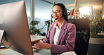 Happy woman, consultant or talking with headset for communication, online advice or help at office. Female person, agent or employee with smile or mic on technology for virtual assistance or CRM
