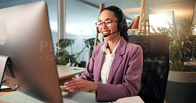 Buy stock photo Happy woman, consultant or talking with headset for communication, online advice or help at office. Female person, agent or employee with smile or mic on technology for virtual assistance or CRM