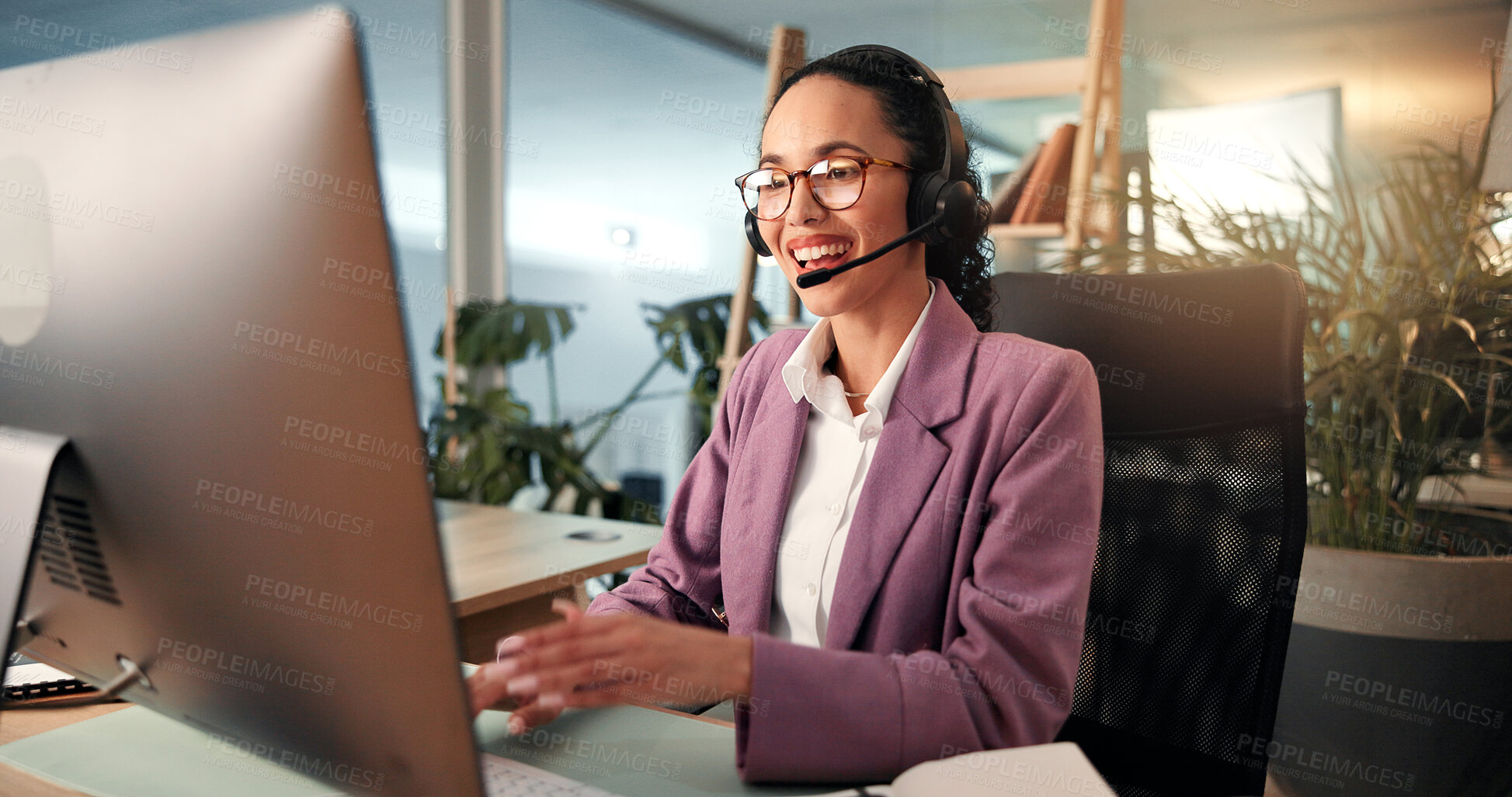 Buy stock photo Happy woman, consultant or talking with headset for communication, online advice or help at office. Female person, agent or employee with smile or mic on technology for virtual assistance or CRM