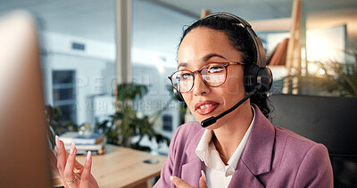 Buy stock photo Woman, consultant or talking with headset at call center for communication, online advice or help. Female person, agent or employee explaining with mic on technology for virtual assistance or CRM