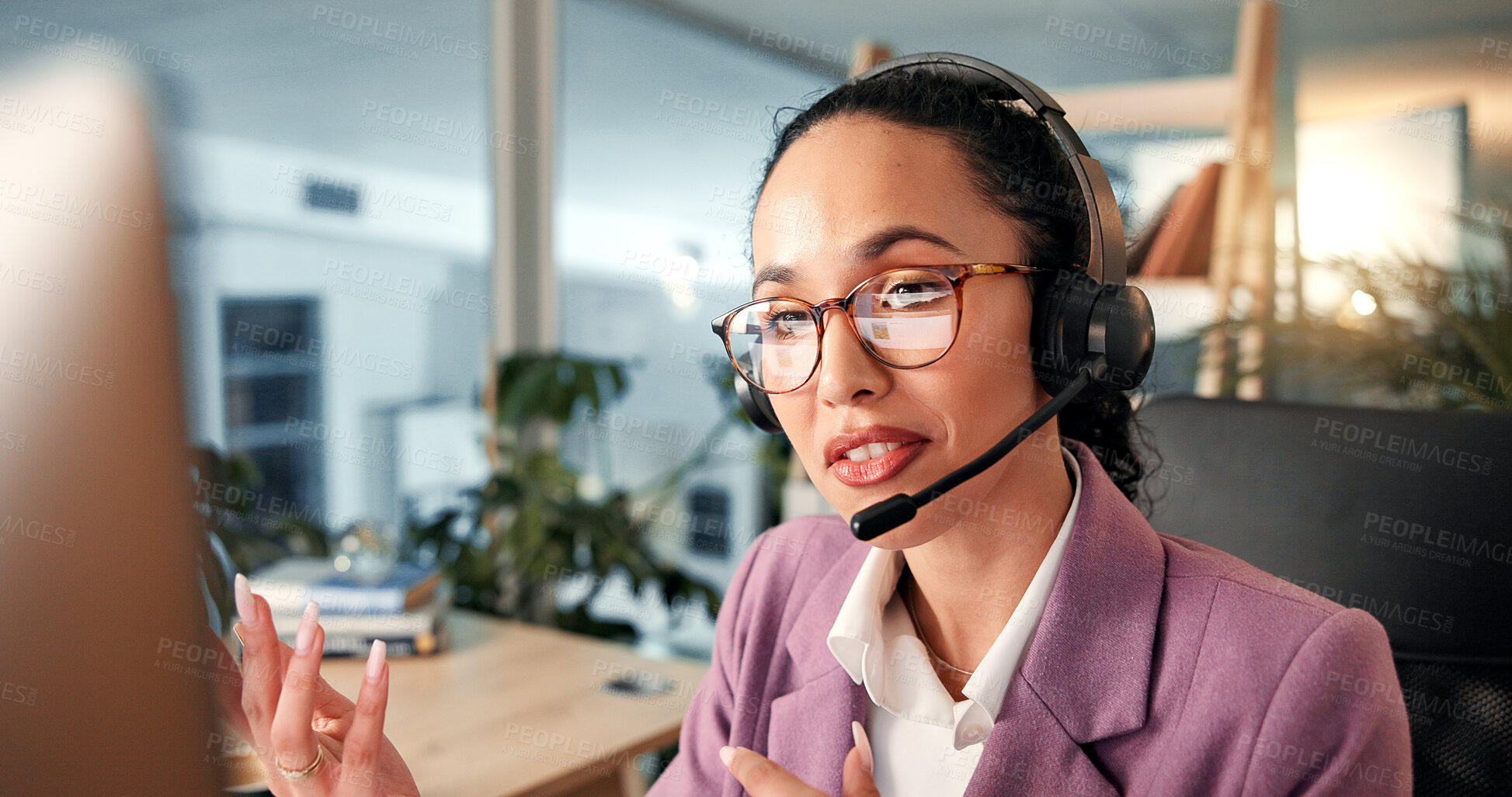 Buy stock photo Woman, consultant or talking with headset at call center for communication, online advice or help. Female person, agent or employee explaining with mic on technology for virtual assistance or CRM