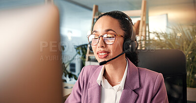 Buy stock photo Happy woman, agent or talking with headset at call center for communication, online advice or help. Female person, consultant or employee speaking with mic on technology for virtual assistance or CRM