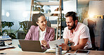 Meeting, documents and business people in office for discussion, planning and collaboration for project. Professional, laptop and man and woman on digital tech for online report, research and website