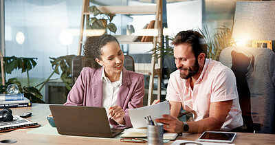 Buy stock photo Meeting, documents and business people in office for discussion, planning and collaboration for project. Professional, laptop and man and woman on digital tech for online report, research and website