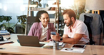 Buy stock photo Laptop, phone or planning with business people at desk for investment or portfolio management. Agenda, collaboration or technology with broker team in office for communication or stock market trading