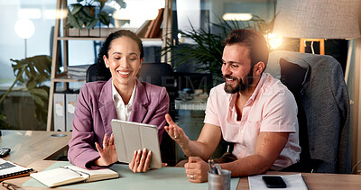 Buy stock photo Discussion, tablet and business people in office for planning, meeting and collaboration for project. Professional, laptop and man and woman on digital tech for online report, research and website