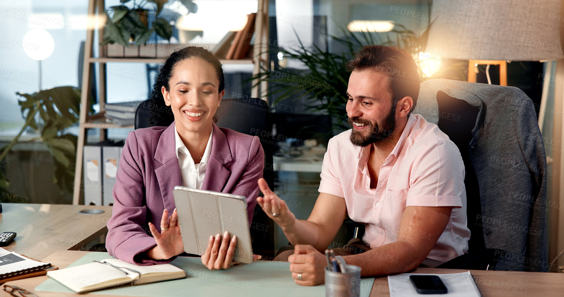 Buy stock photo Discussion, tablet and business people in office for planning, meeting and collaboration for project. Professional, laptop and man and woman on digital tech for online report, research and website