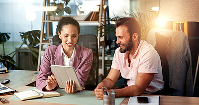 Buy stock photo Planning, tablet and business people in office for discussion, meeting and collaboration for project. Professional, network and man and woman on digital tech for online report, research and website