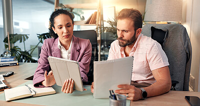 Buy stock photo Documents, tablet and business people in office for meeting, planning and collaboration for project. Professional, discussion and man and woman on digital tech for online report, research and website