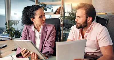 Buy stock photo Business, tablet and man and woman with documents for discussion, planning and collaboration for project. Office, meeting and people with paperwork on tech for online report, research and website