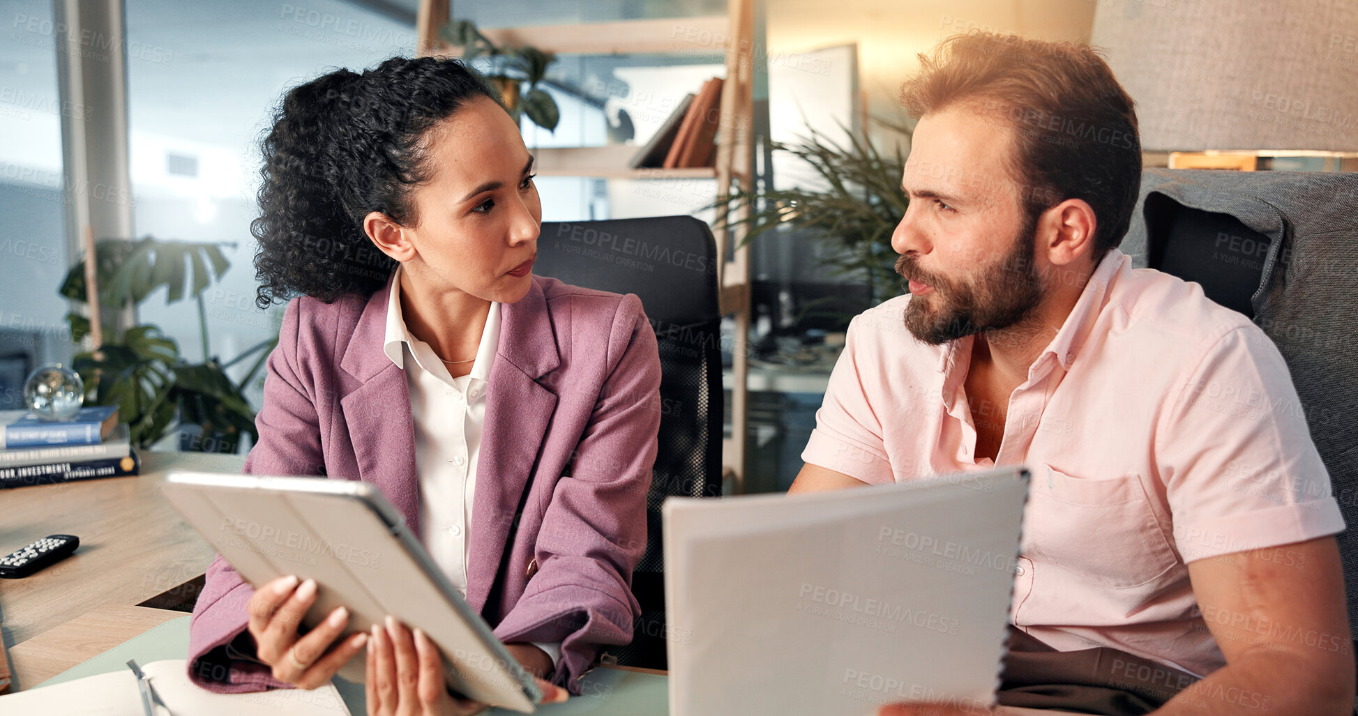 Buy stock photo Business, tablet and man and woman with documents for discussion, planning and collaboration for project. Office, meeting and people with paperwork on tech for online report, research and website