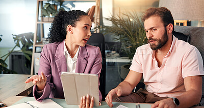 Buy stock photo Teamwork, tablet and business people in office for meeting, planning and collaboration for project. Professional, discussion and man and woman on digital tech for online report, research and website