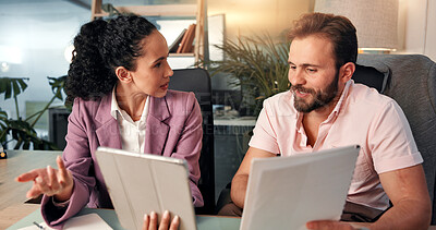 Buy stock photo Documents, tablet and business people in office for project, planning and collaboration. Professional, teamwork and man and woman meeting with digital tech for online report, research and website