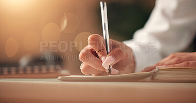 Buy stock photo Writing, diary and hands of businesswoman in office at night with schedule, appointment or planning. Proposal, research and closeup of female secretary with notes for agenda, journal or book.