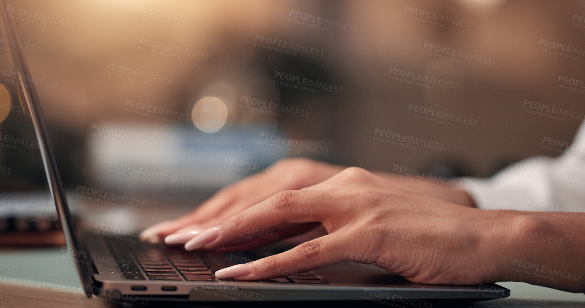 Buy stock photo Laptop, hands and businesswoman in office at night for creative project with deadline. Keyboard, computer and female magazine editor typing for publishing online with working late in workplace.