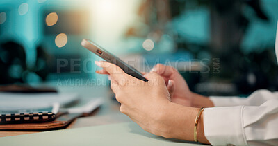 Buy stock photo Hands, business and woman with smartphone, night and typing with email for banking update. Closeup, person and financial advisor in office, evening and cellphone with digital app for message and text