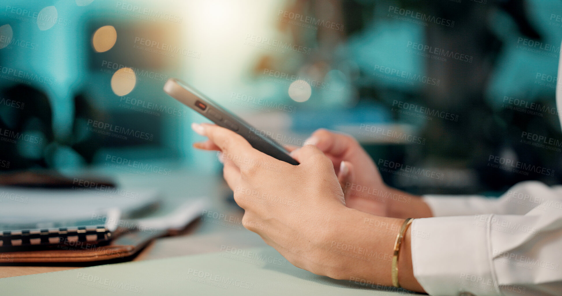 Buy stock photo Hands, business and woman with smartphone, night and typing with email for banking update. Closeup, person and financial advisor in office, evening and cellphone with digital app for message and text