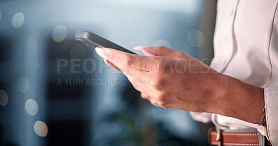 Buy stock photo Hands, business and woman with cellphone, night and typing with email for banking text. Bokeh, person or investment advisor in office, evening or smartphone with digital app for message or internet