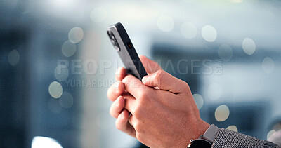 Buy stock photo Hands, business and man with smartphone, night and typing with email for investment. Closeup, person and economy advisor in office, evening and cellphone with digital app for message, text or bokeh