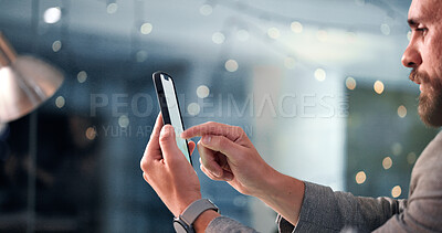 Buy stock photo Hands, business or man with cellphone, night or connection with email for banking update. Bokeh, person or financial advisor with smartphone, late or typing with digital app for message or internet