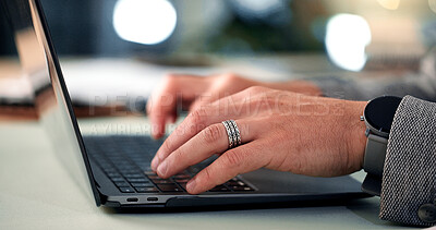 Buy stock photo Laptop, hands and businessman in office at night for creative project with deadline. Keyboard, computer and closeup of male editor typing for publishing online with working late at magazine agency.