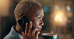 Business, black woman and phone call with coffee in office for discussion, finance chat and schedule update. Person, mobile and beverage for communication, financial contact and funding negotiation
