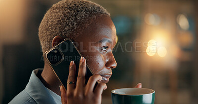 Buy stock photo Business, black woman or phone call with coffee in office for discussion, finance chat or late schedule. Person, mobile or drink with communication, financial contact or negotiation offer of overtime