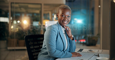 Buy stock photo Black woman, happy portrait and business at night with computer for accounting, audit or tax review. Person, accountant or employee smile for financial solution, evaluation report or compliance