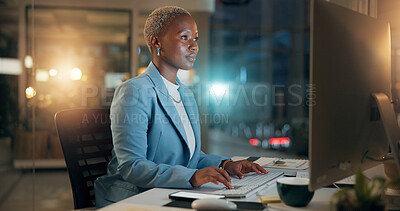Buy stock photo Night, business and black woman typing on computer for email, report or compliance officer on deadline. Keyboard, writing and worker reading for research, regulations or policy development in office