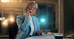 Business, black woman and computer with phone call in office for discussion, chat and finance update. Female person, mobile and communication with contact, financial feedback and funding negotiation