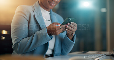 Buy stock photo Hands, night and woman with cellphone, business and network with social media, connection or internet. Closeup, evening or person in office, text or smartphone with digital app and message to contact