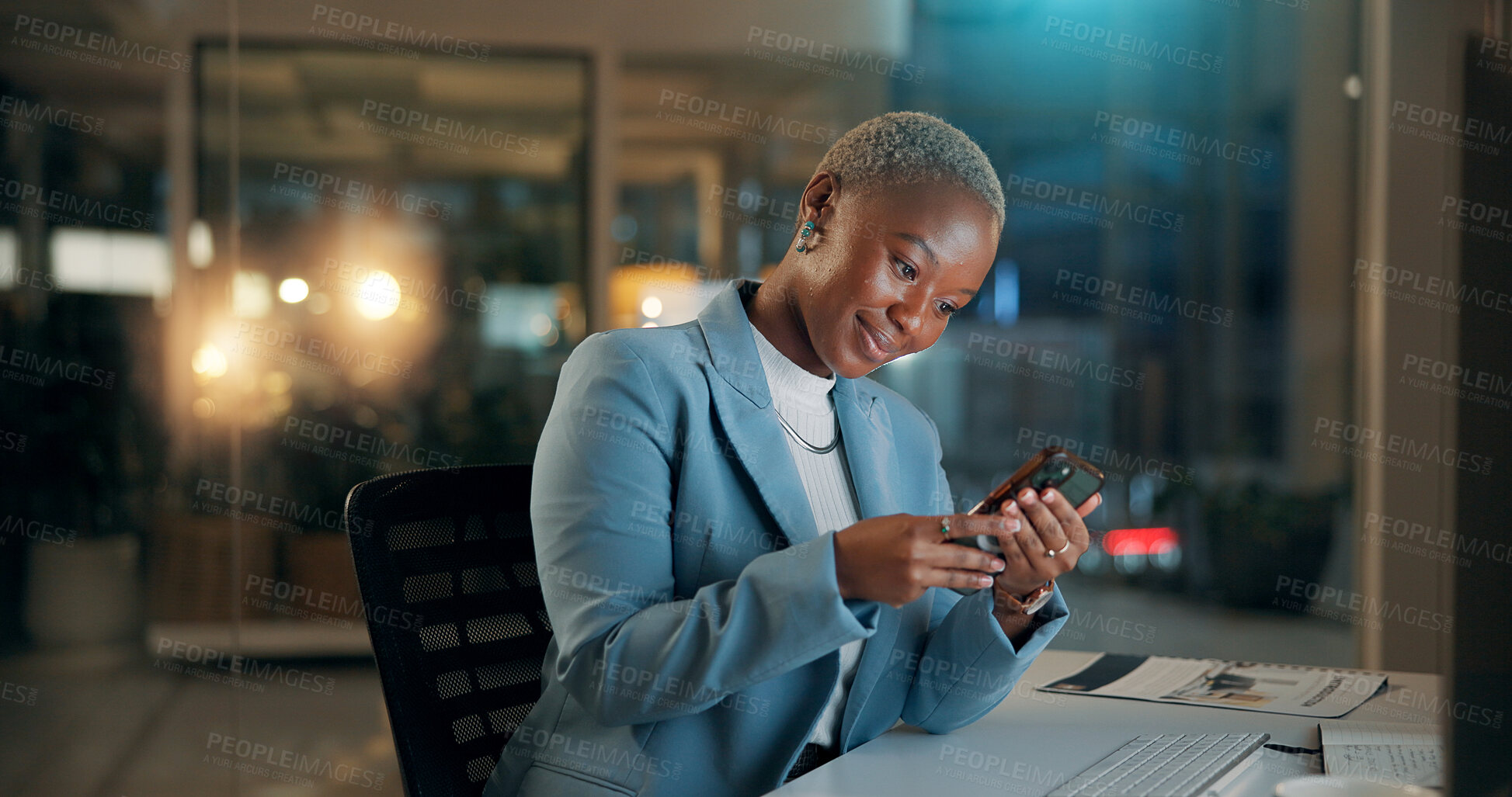 Buy stock photo Black woman, phone and business at night with internet for accounting, communication or email. Person, accountant or employee smile for financial solution, tax report or compliance with technology