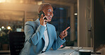 Corporate, black woman and phone call in office at night for discussion, finance report and schedule update. Female person, mobile and communication with contact, financial feedback and funding offer