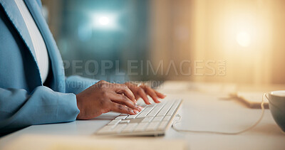 Buy stock photo Night, hands typing and businesswoman on computer for email, report or compliance officer on deadline. Keyboard, writing and worker at desk for research, regulations or policy development in office