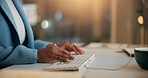 Hands, typing or business woman on computer for email, report or compliance officer on overtime. Keyboard, writing or worker at desk for research, regulations or policy development in office at night