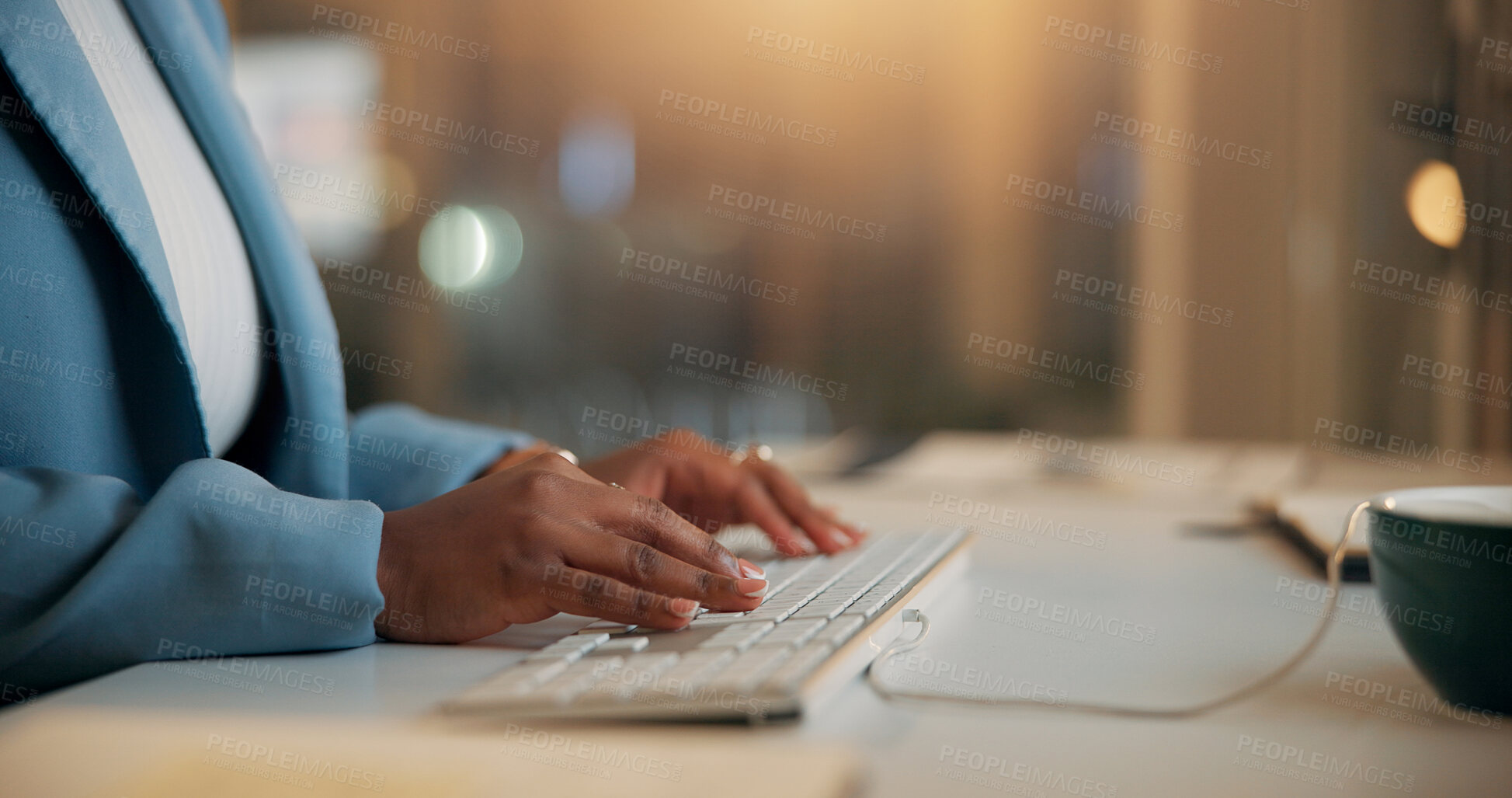 Buy stock photo Hands, typing or business woman on computer for email, report or compliance officer on overtime. Keyboard, writing or worker at desk for research, regulations or policy development in office at night