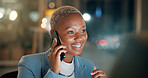 Black woman, computer and phone call in office at night for discussion, finance planning and schedule update. Female person, mobile and communication for contact, financial feedback and funding offer
