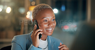 Buy stock photo Black woman, computer and phone call in office at night for discussion, finance chat and schedule update. Person, mobile and communication of contact, financial feedback and funding offer of overtime