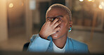 Black woman, stress and night with headache for overworked pressure, deadline or mistake at office. Female person, frustrated employee or working late with eye strain, migraine or burnout for fatigue
