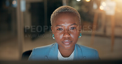 Buy stock photo Night, business and black woman in office, thinking and online reading with deadline for article. African person, evening and journalist in workplace, pc and research for proposal, decision and email