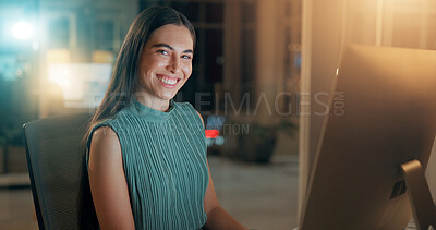 Buy stock photo Business woman, happy portrait and computer at night with smile for accounting, audit or tax review. Overtime, accountant or female employee for financial solution, evaluation report or compliance