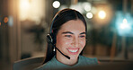 Night, contact center and happy business woman listen for customer service, IT advice or troubleshooting. Headset, consultant or communication for technical support, help desk or overtime on computer