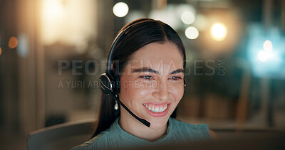 Buy stock photo Night, contact center and happy business woman listen for customer service, IT advice or troubleshooting. Headset, consultant or communication for technical support, help desk or overtime on computer